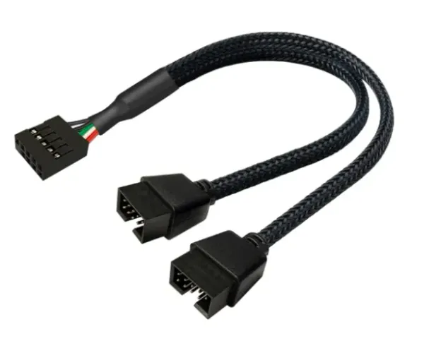 Cabo Adaptador USB 9 Pinos 2.0 da Placa Mãe, Preto, Trançado, 2 Portas, Compatível com JUS