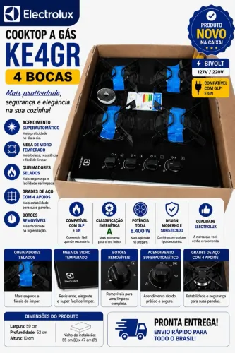 Cooktop Electrolux KE4GR 4 Bocas Novo na Caixa | Mesa de Vidro | Acendimento Automático