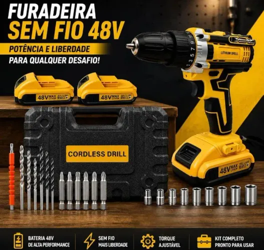 Parafusadeira furadeira 48v 2 baterias com maleta e acessórios completos