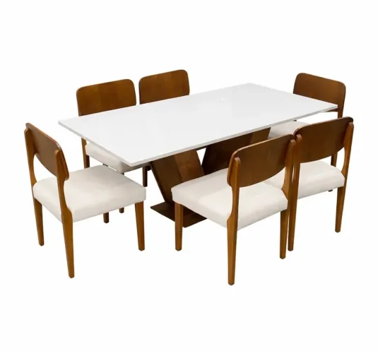 Mesa de Jantar Classic 160x80cm com Vidro e 6 Cadeiras Madeira Maciça p98