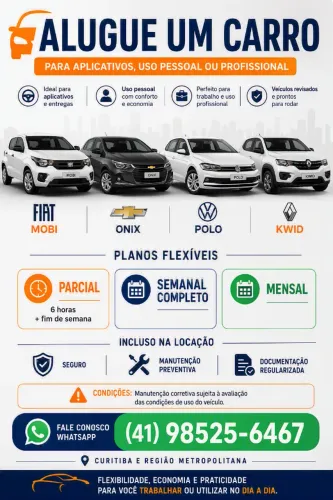 Aluguel veículo a partir 350/semana para Uber, 99 ou uso particular/profissional