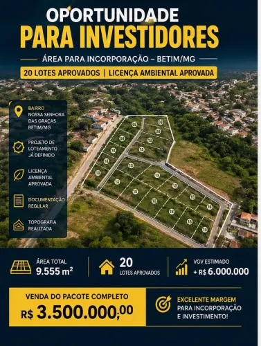Área para incorporação - 20 lotes aprovados | Betim/MG | VGV + R$ 6 milhões
