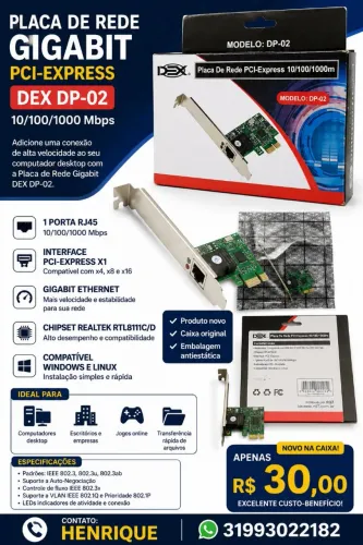 Placa de Rede PCI-Express Gigabit DEX DP-02 10/100/1000 Mbps - NOVA