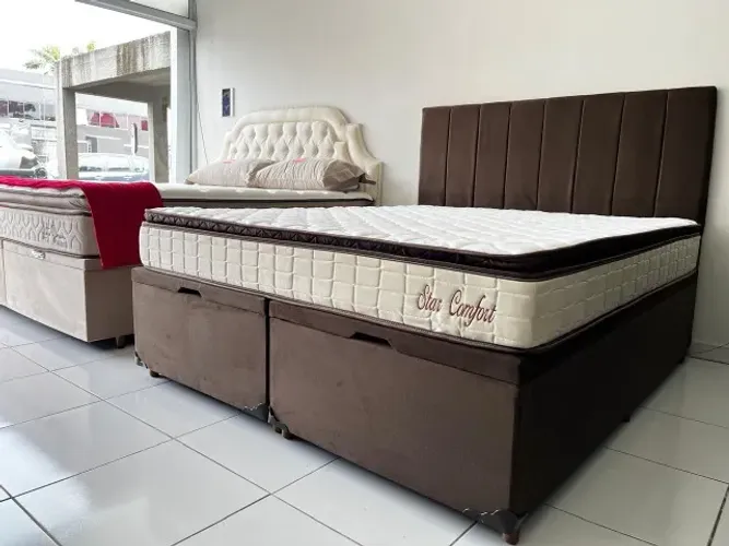 Limpa Estoque! Cama Box Queen Nova com Baú Colchão Hellen Molas Ensacadas Pillow Top Em12x