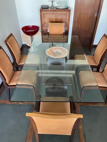 Mesa de jantar + 6 cadeiras | tampo de vidro bisotado 20mm
