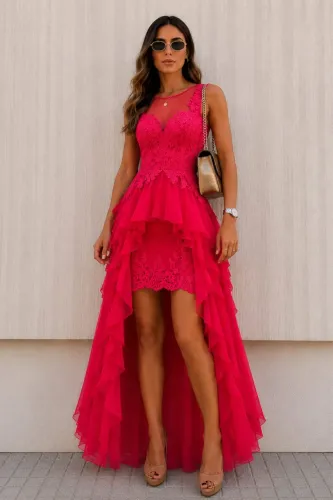 Vestido de Festa Pink Mullet com Renda e Transparência - Elegante