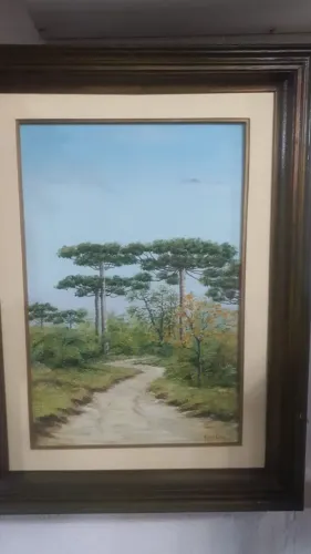 Quadro Antigo Paisagem com Araucárias - Óleo Sobre Tela Assinado Kumakura