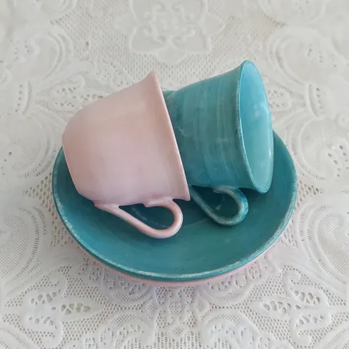 Par De Xícaras De Café Porcelana Alemã Bohemia - Déc. 30 - Azul E Rosa