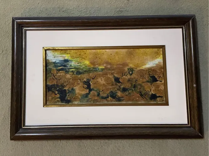 Quadro rústico a oleo com Moldura Linda com  Obra de MAGDA 1976 com paisagem abstrata
