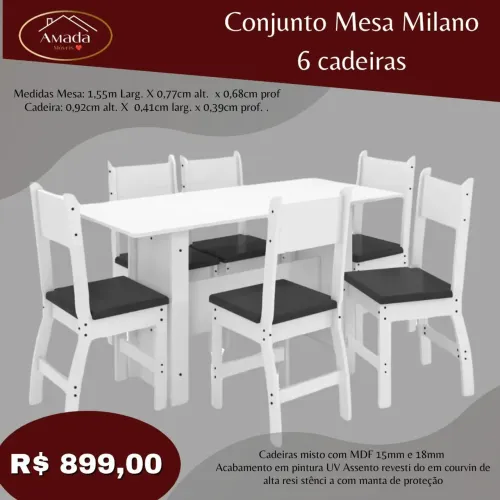 Conjunto Mesa Milano 6 Cadeiras - Branco - entrega em 3 Dias 