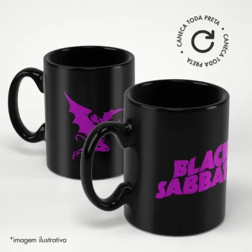 Caneca Personalizada Black Sabbath c/ Logo da Banda - Toda Preta em Cerâmica - 325ml