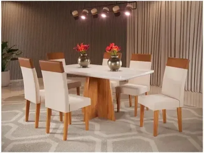 Mesa de Jantar 6 Cadeiras Retangular Tampo de MDF com Vidro Mel p65