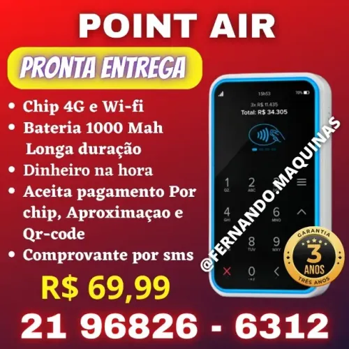 Máquina de cartão Point air -  chip 4G e conexão wi-fi
