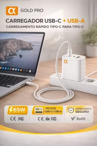 Carregador GOLD PRO CA46-5 65W USB-C + USB-A Power Delivery Tipo-C Turbo Bivolt