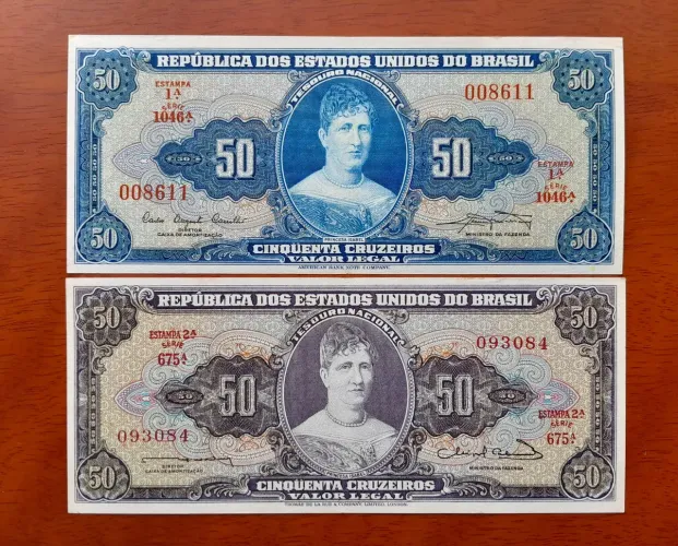 Cédulas de 50 cruzeiros - Roxa e Azul