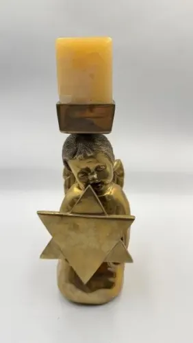 Grande E Pesado Castiçal Bronze Temática Judaica Anjo Chai