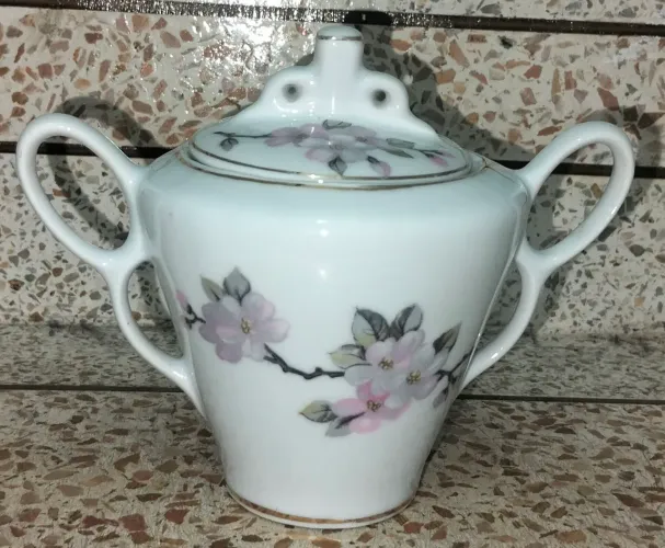 Açucareiro Antigo Porcelana Real Anos 50 Floral Cerejeira Impecável