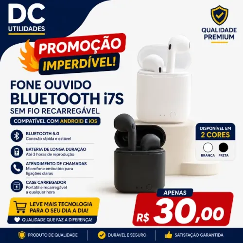 Fone Ouvido Bluetooth i7S Sem Fio Recarregável Android iOS