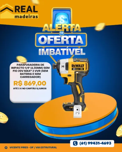Parafusadeira de Impacto 1/4" (6.35mm) Sem Fio 20V MAX* 3 VVR S/BATERIA E CARREGADOR