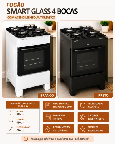 FOGÃO SMART GLASS 4 BOCAS - ACENDIMENTO AUTOMÁTICO