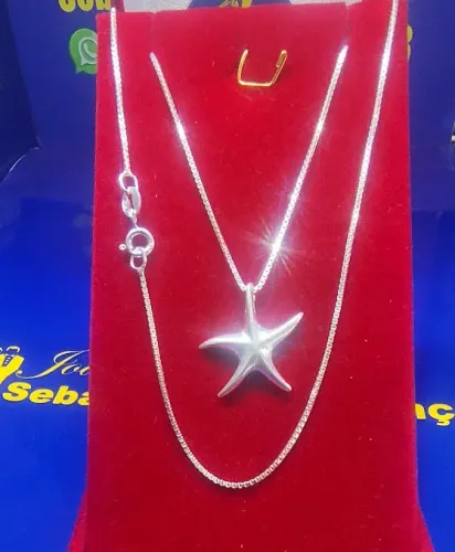 Gargantilha Veneziana 45 Cm e Fio 0.50 mm Pingente Estrela 20 mm Prata 925 e Peso Total 3