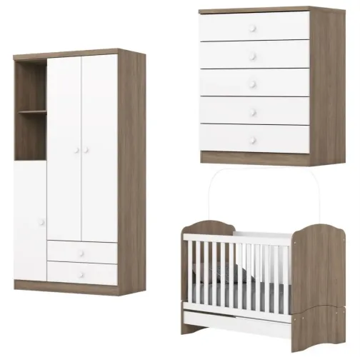 Quarto de Bebê com Guarda-Roupa 3 Portas Cômoda e Berço  