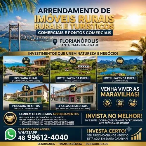 Arrendamento de hotéis rurais fazenda, pousada, hostel e salas comerciais em Sta Catarina