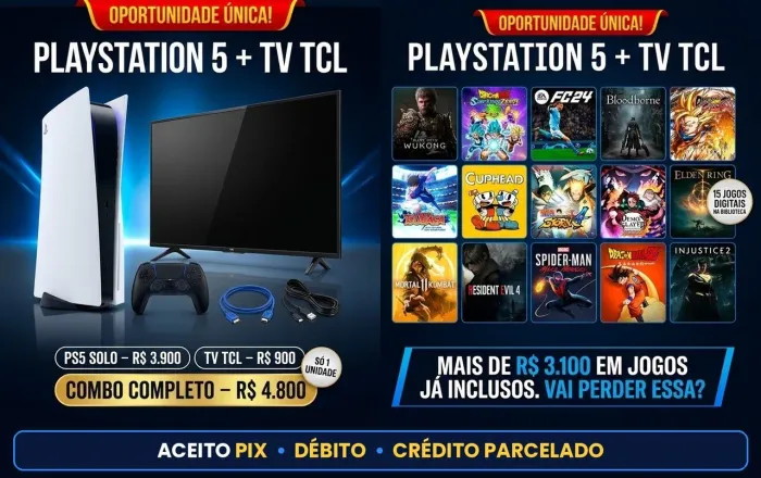PS5 Fat 825GB + 15 Jogos (Elden Ring, Wukong, Spider-Man) | TV TCL 40" Opcional