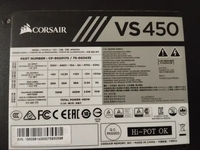 Fonte Corsair VS450 450W 80 Plus White 