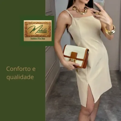 Vestido Social Com Fenda Frontal Tecido Poliéster com Elastano