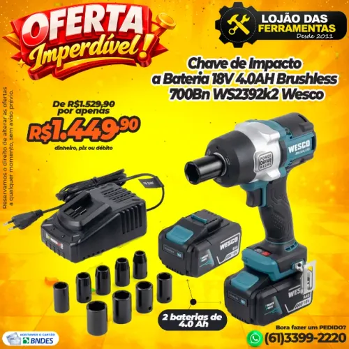 Chave de Impacto 18V a Bateria 4.0AH Brushless 700Bn WS2392k2 Wesco