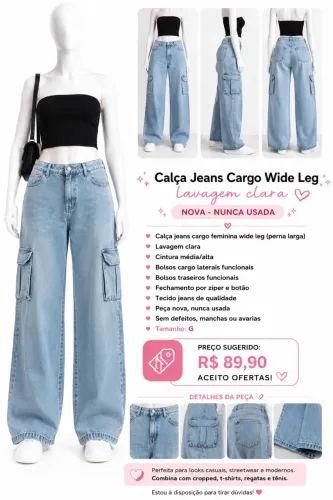 Calça Jeans Cargo feminina nova, nunca usada