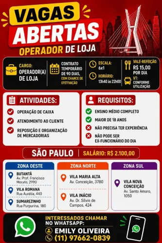 OPERADOR DE LOJA - COM OU SEM EXPERIÊNCIA