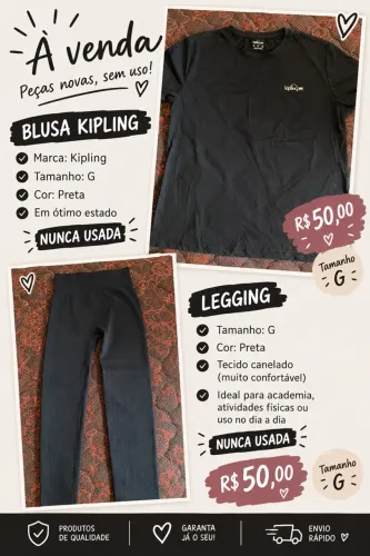 ? Blusa Kipling e legging preta, tamanho G ? nunca usadas! R$ 50 cada. Aproveita