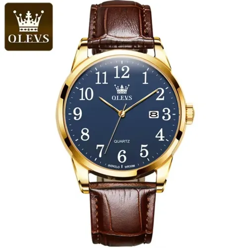 Relógio de Pulso Premium OLEVS 5566 Gold Rose BLUE Pulseira de Couro Marrom Frete Grátis