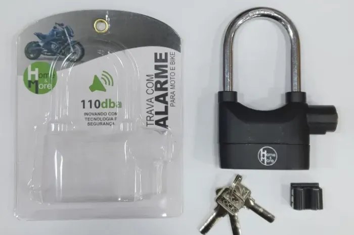 Trava Com Alarme Para Moto e Bike 110 dba Baterias Inclusas Instaladas + 6 Reserva