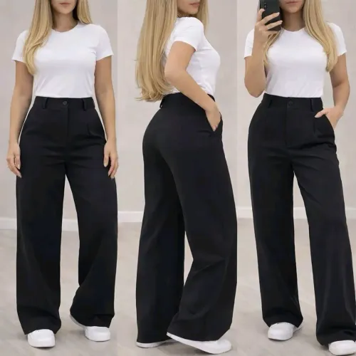 Calça Pantalona Alfaiataria Premium com Bolso e Botão