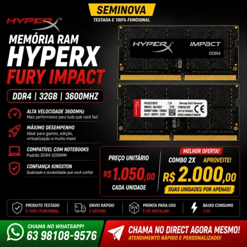 Memória 32GB DDR4 3600MHz HyperX Fury Impact p/ Notebook - TOP