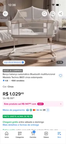 Berço balanço automático Bluetooth multifuncional Mastela Techno 8601 cinza estampado