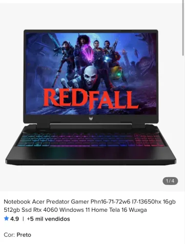 Notebook gamer Acer Predator Gamer 16gb 512gb Ssd Rtx 4060 Win 11 Tela 16 