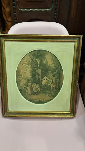 1 Quadro antigo estilo vitoriano ou rococó com uma gravura de "cena galante medidas 38x35