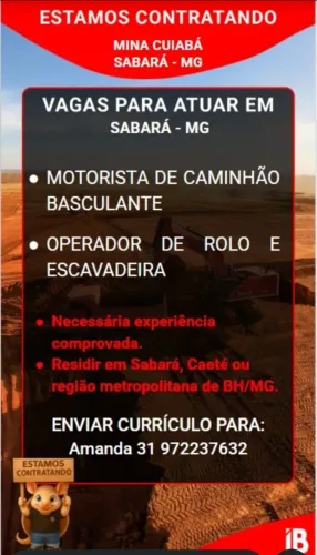 Motorista de Caminhão Pesado (Báscula) - vaga destinada para Sabará, Caete e BH