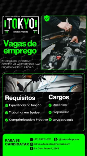 Vagas de Emprego - Mecânico; Preparador; Serviços Gerais
