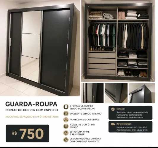 Guarda-Roupa Casal com Espelho - Portas de Correr | Semi Novo<br>? R$ 750
