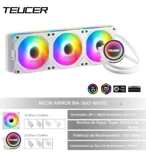 Water cooler TEUCER NEON ARMOR ARGB 360mm BRANCO- INTEL - AMD- NOVO