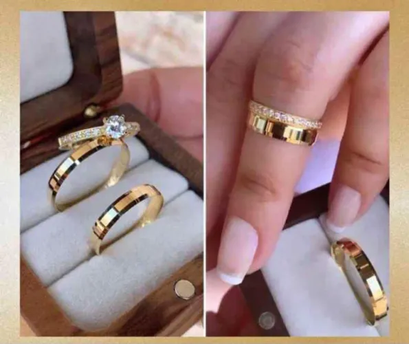 Par de Alianças Tungstênio Chanfradas 4mm Ouro18K Banho + Solitário. Noivado, Casamento
