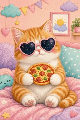 Quadro Decorativo A4 Gato Fofo com Pizza - Moldura + Vidro | Quarto / Presente