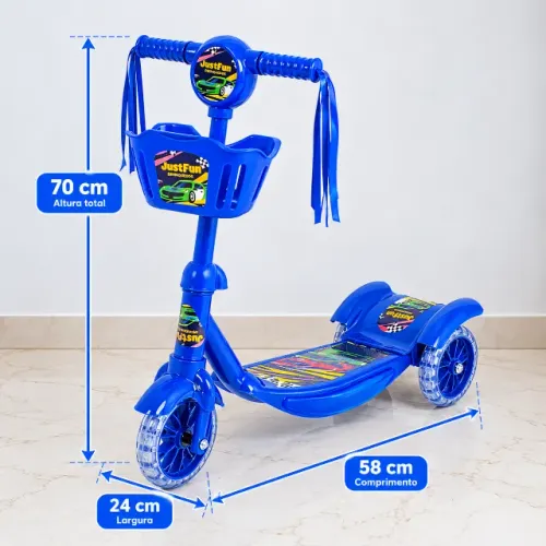 Patinete Infantil Azul 3 Rodas Led Cesto Guidão Ajustável