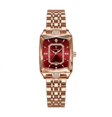 Relógio Poedagar Movimento Quartzo Feminino Casual Rosé Vermelho Pulseira Aço MD785 (Origi