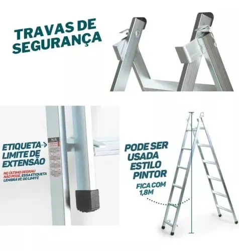 Escada extensiva 6 degraus  Material Metalon  Altura 1,90m × 3,20m Marca ALG 